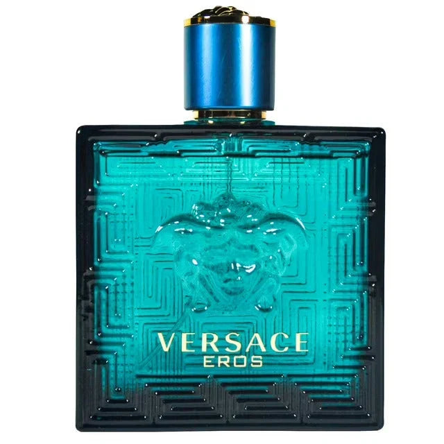 Versace Eros perfume bottle with blue cap on a white background