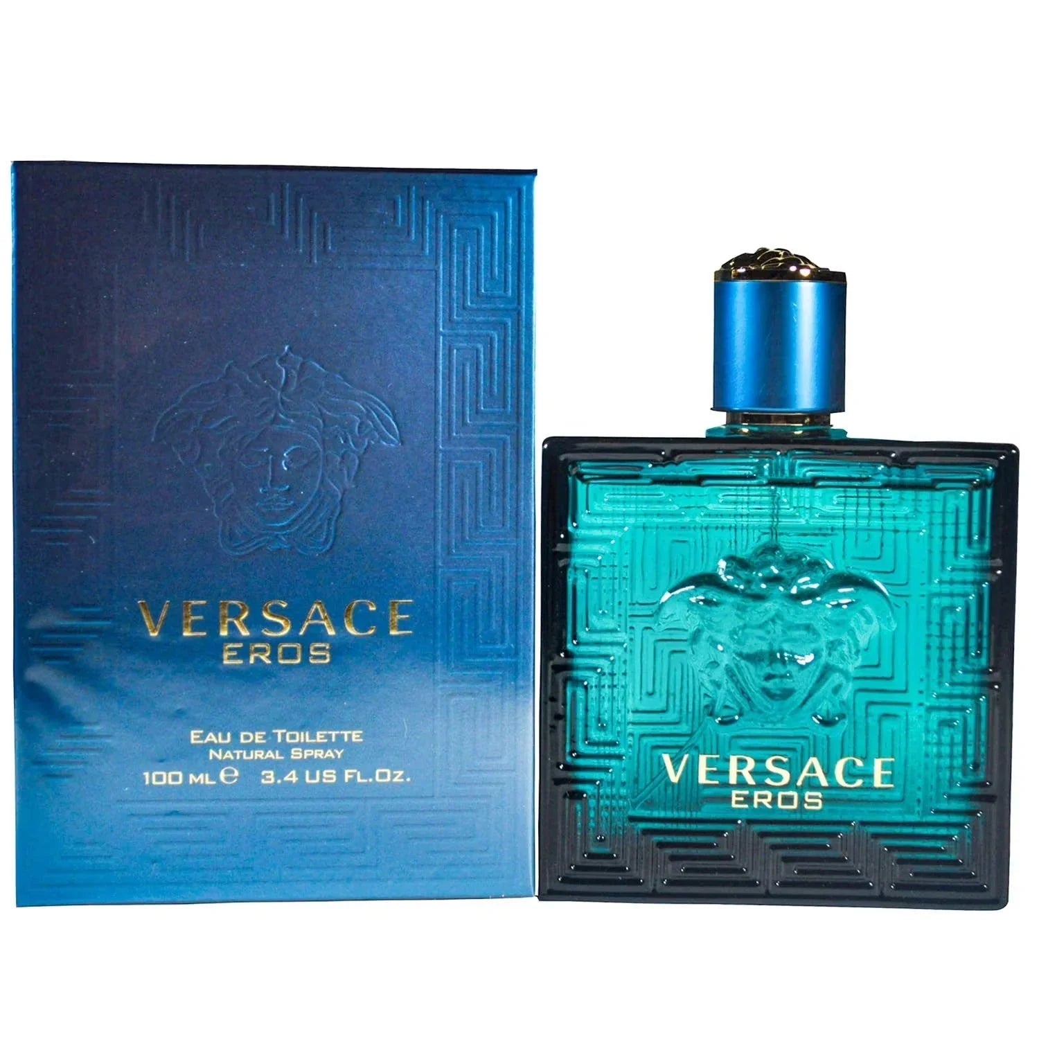 Versace Eros perfume bottle and packaging on a white background