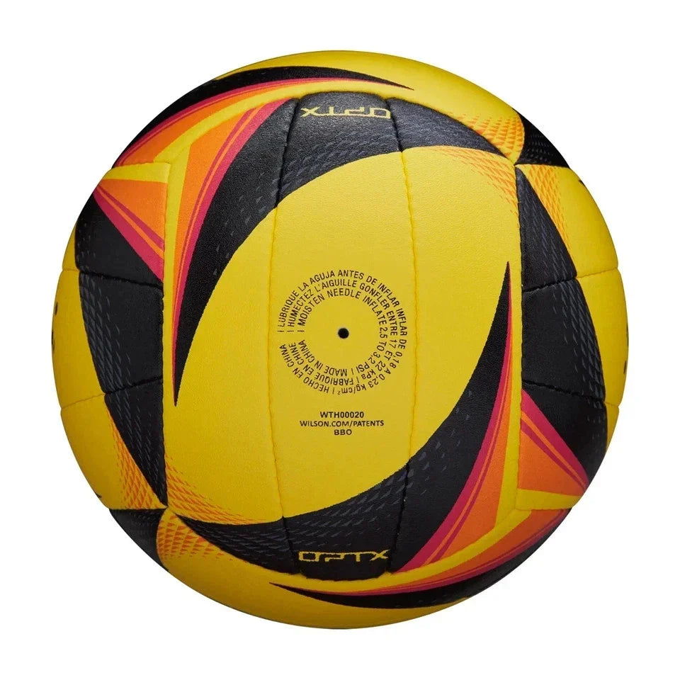 Yellow and black soccer ball with red accents on a white background