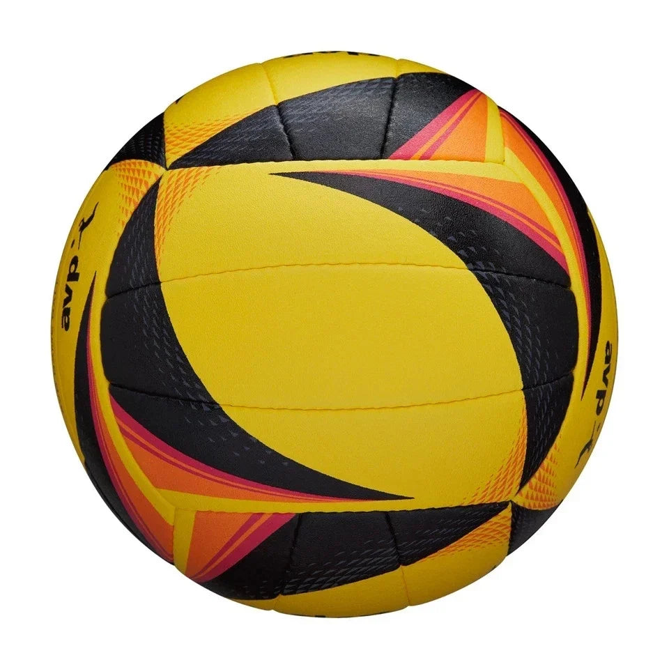 A yellow handball with black and orange-red graphic patterns, shown on a plain white background.