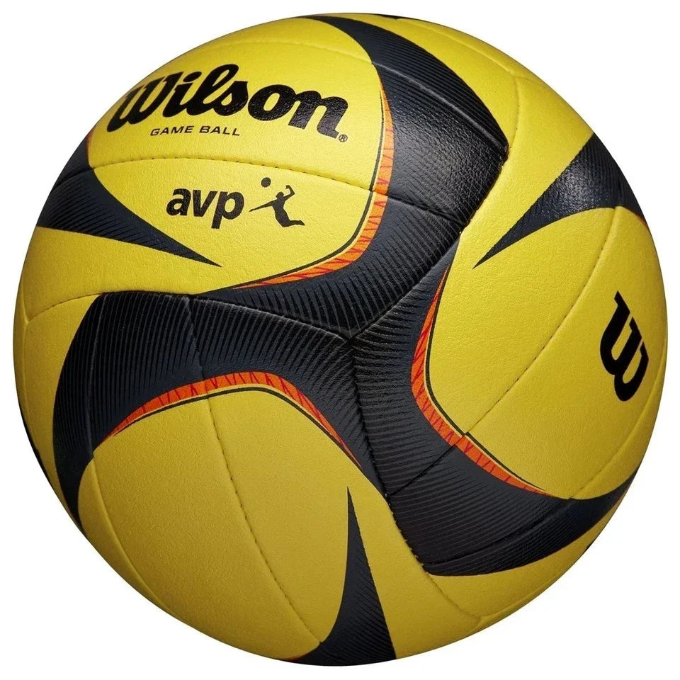 A Wilson AVP game ball with a yellow and black pattern and thin orange accents, shown on a plain white background.