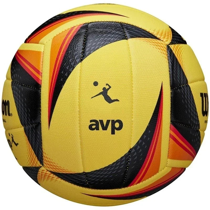 Yellow, black, and orange volleyball with AVP branding on a white background