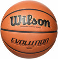 Wilson Evolution indoor game ball basketball in orange with black text and lines, isolated on a white background.