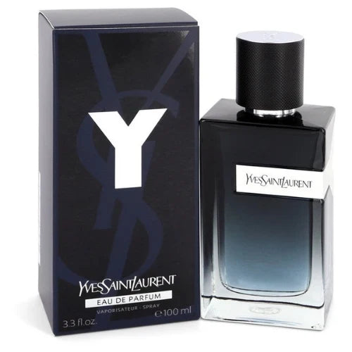 Yves Saint Laurent Eau de Parfum 100ml bottle next to its black packaging box, featuring a prominent white 'Y' logo on a clean white background.
