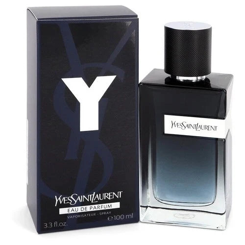 Yves Saint Laurent Eau de Parfum 100ml bottle next to its black packaging box, featuring a prominent white 'Y' logo on a clean white background.