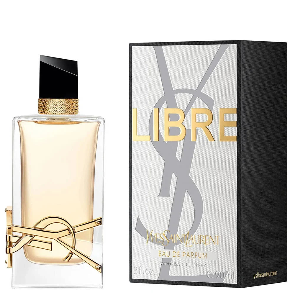 Yves Saint Laurent Libre Eau de Parfum bottle with its black and white retail box on a white background.
