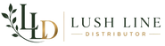Lush Line Distributor logo featuring a stylized 'LLD' monogram with a green leaf branch on the left, and the words 'LUSH LINE DISTRIBUTOR' in dark green and gold on the right, set against a plain white background.